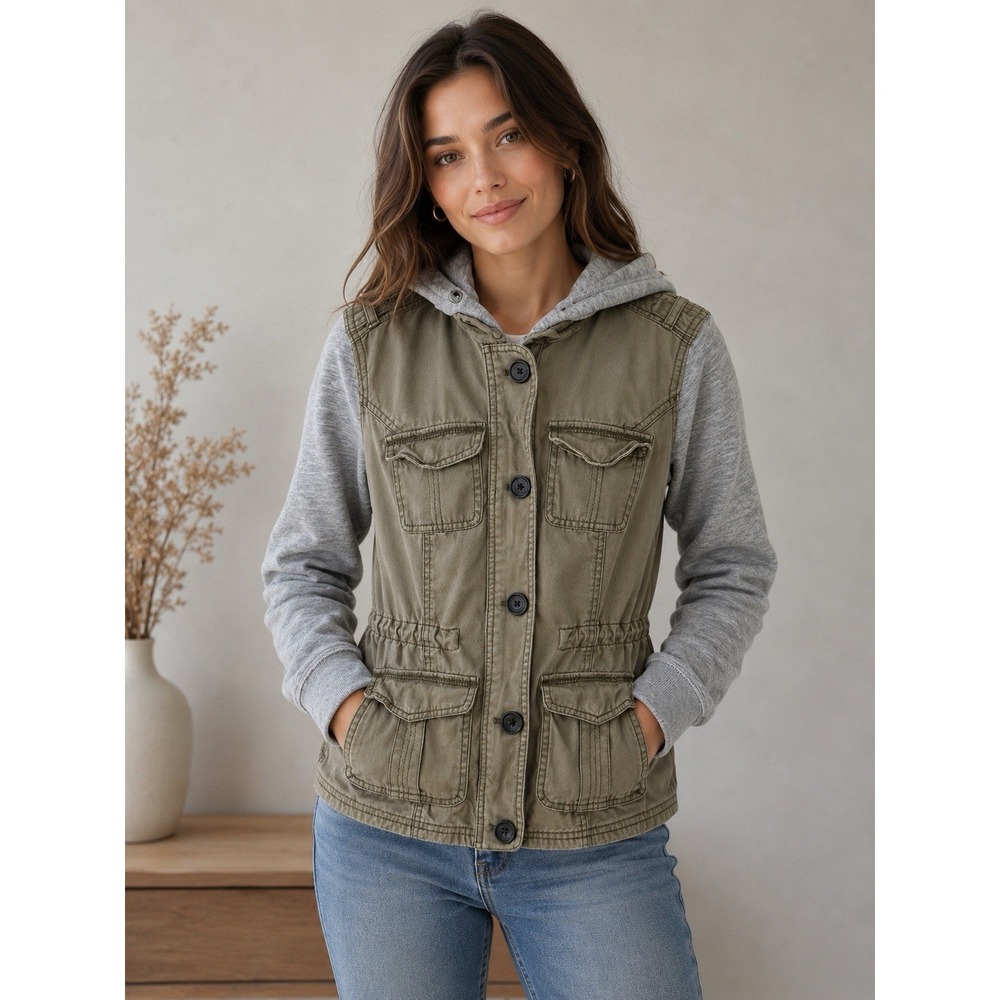Abercrombie & Fitch Y2K Women's Military Jacket with Grey Hoodie & Sleeves Sz Sm